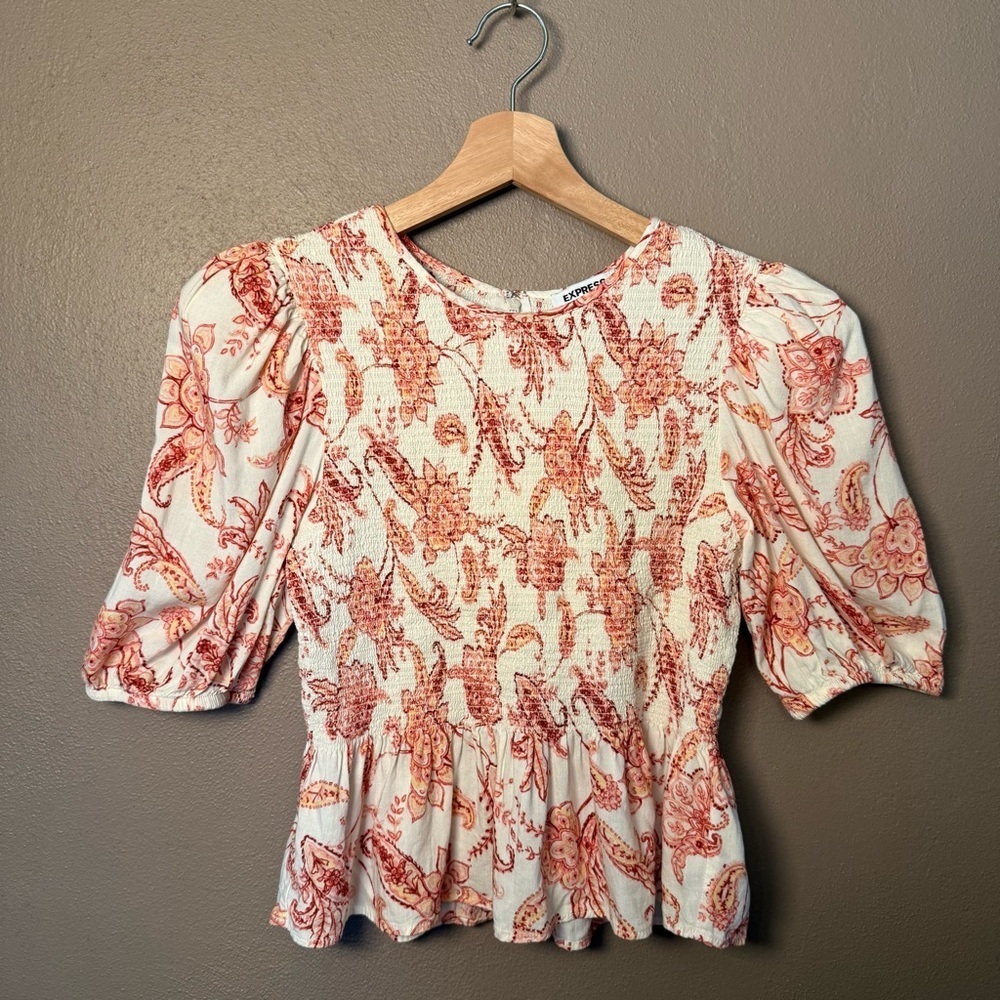 Express Linen Blend Paisley Peplum Cropped Blouse Puff Sleeves Size Small Boho
